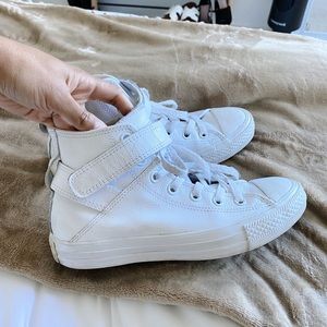 All White Leather Strap High Top Converse Shoes